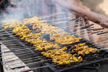 Chicken kebab skewers on a bbq in Morocco