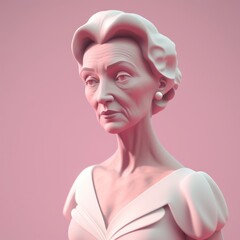 middle-aged woman with a determined look, wearing a white dress, against a pink wall digital character avatar AI generation.