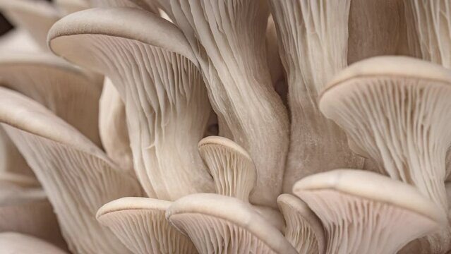 4K Time Lapse of Oyster mushrooms growing - close-up. Healthy ECO food. Edible mushroom grow on Bio farm. Food production business.