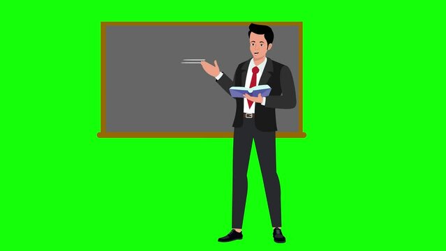 school teacher teaching in classroom at the blackboard and talking 4k cartoon animation
