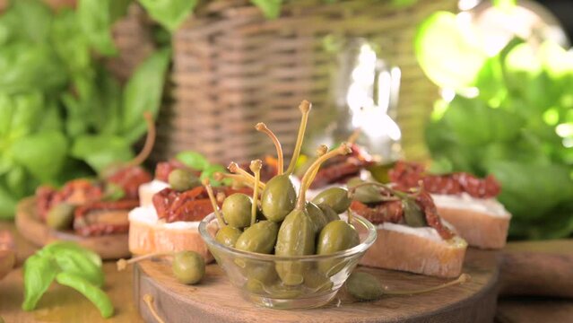 Large berry capers. Capar, capari. From Italy, France or Africa. For appetizers and salads. High quality 4k footage