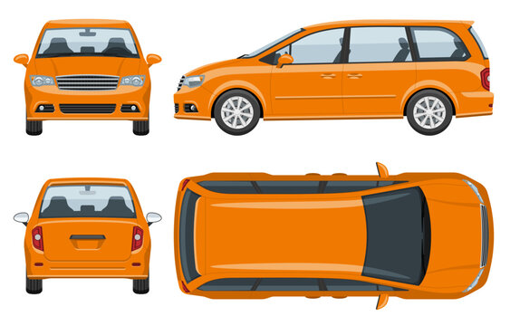 Orange minivan vector template with simple colors without gradients and effects. View from side, front, back, and top