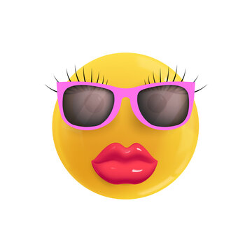 Emoji face in glasses with big lips. Realistic 3d design. Emoticon yellow glossy color. Icon in plastic cartoon style isolated on white background. PNG 