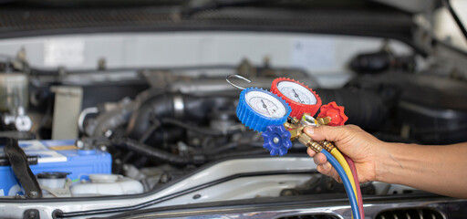 Car air conditioner check service, leak detection, fill refrigerant.