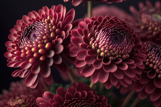 Burgundy chrysanthemum flowers close-up. AI generation