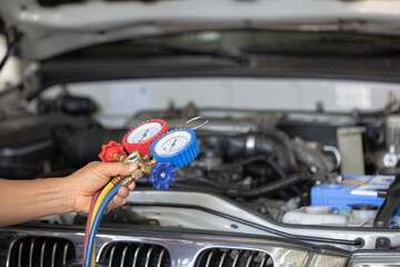 Car air conditioner check service, leak detection, fill refrigerant.	