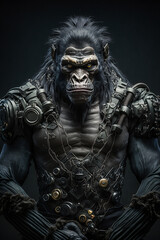Ape with cyberpuck gadget and armour. Generative ai. 