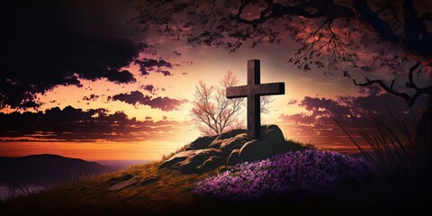 Cross on a Hill - Easter symbol - sacrifice of jesus christ - generative ai