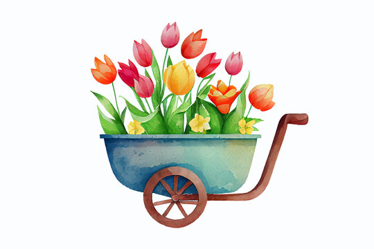 Wheelbarrow with Colorful Tulip Blooms. Watercolor hand drawn Easter and spring florist farmhouse illustartion. generative ai