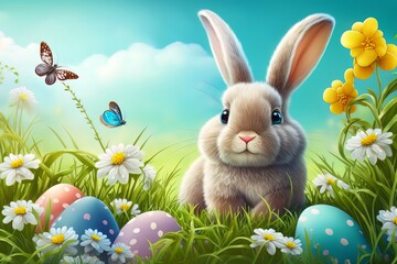 Cute little bunny sitting in front of a nest of easter eggs surrounded by beautiful butterflies and sunshine in the blue sky - generative AI