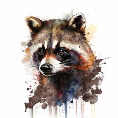 A watercolor illustration of a raccoon with vibrant splashes, capturing the animal’s playful essence and artistic allure. - obrazy, fototapety, plakaty