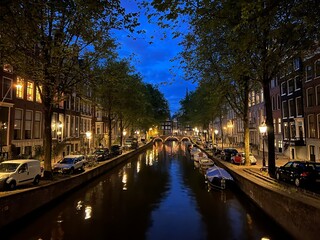 Water Canal In Amsterdam At Night