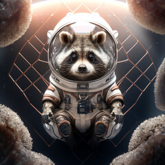 A raccoon astronaut floats in space, surrounded by satellites, a playful take on galactic exploration. - obrazy, fototapety, plakaty