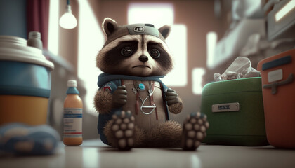 A cartoon raccoon with a backpack looks overwhelmed by the clutter, ideal for educational or organizational themes. - obrazy, fototapety, plakaty