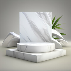 Stone showcase or rock podium stand on abstract white background with marble concept. Pedestal of product display for design. 3D rendering. generative ai