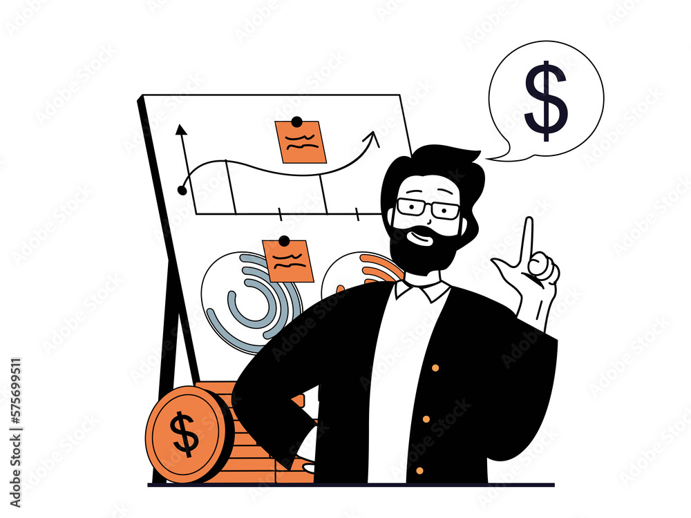 Poster Finance concept with character situation. Man analyzes financial data on charts report, develops successful strategy for increasing income. Illustrations with people scene in flat design for web