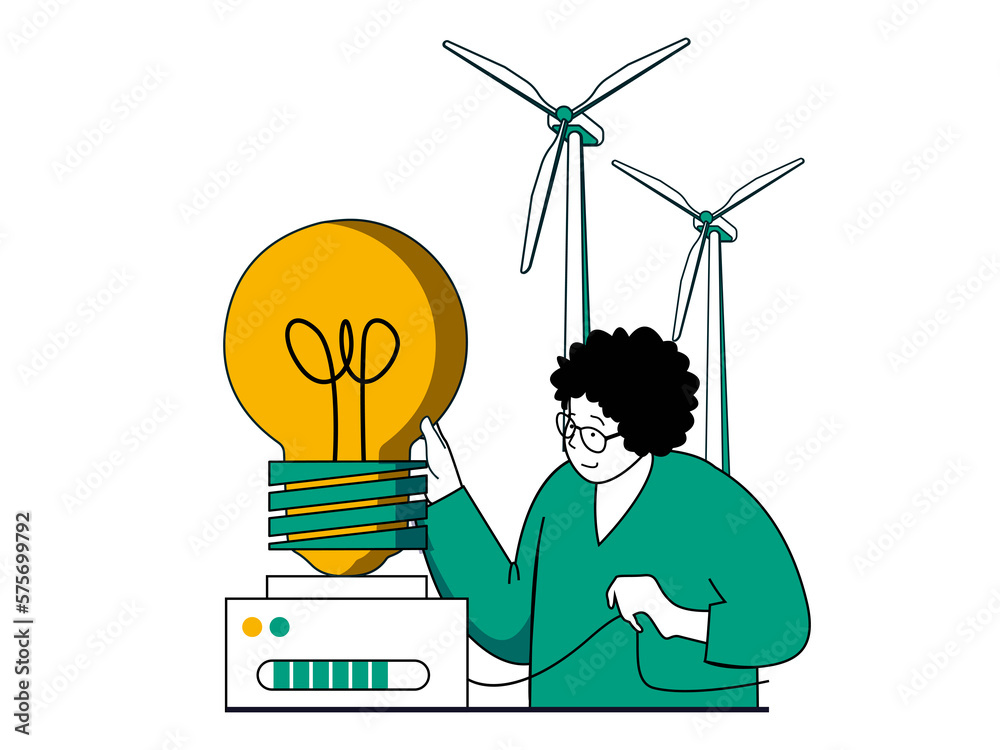 Poster Green energy concept with character situation. Woman uses alternative energy sources and eco friendly technology of wind turbines station. Illustrations with people scene in flat design for web