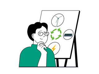 Green energy concept with character situation. Man uses alternative energy source and ecological technology to generate electricity. Illustrations with people scene in flat design for web