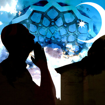The most beautiful background images for the religion of Islam. Praying man, mosque and star and crescent.