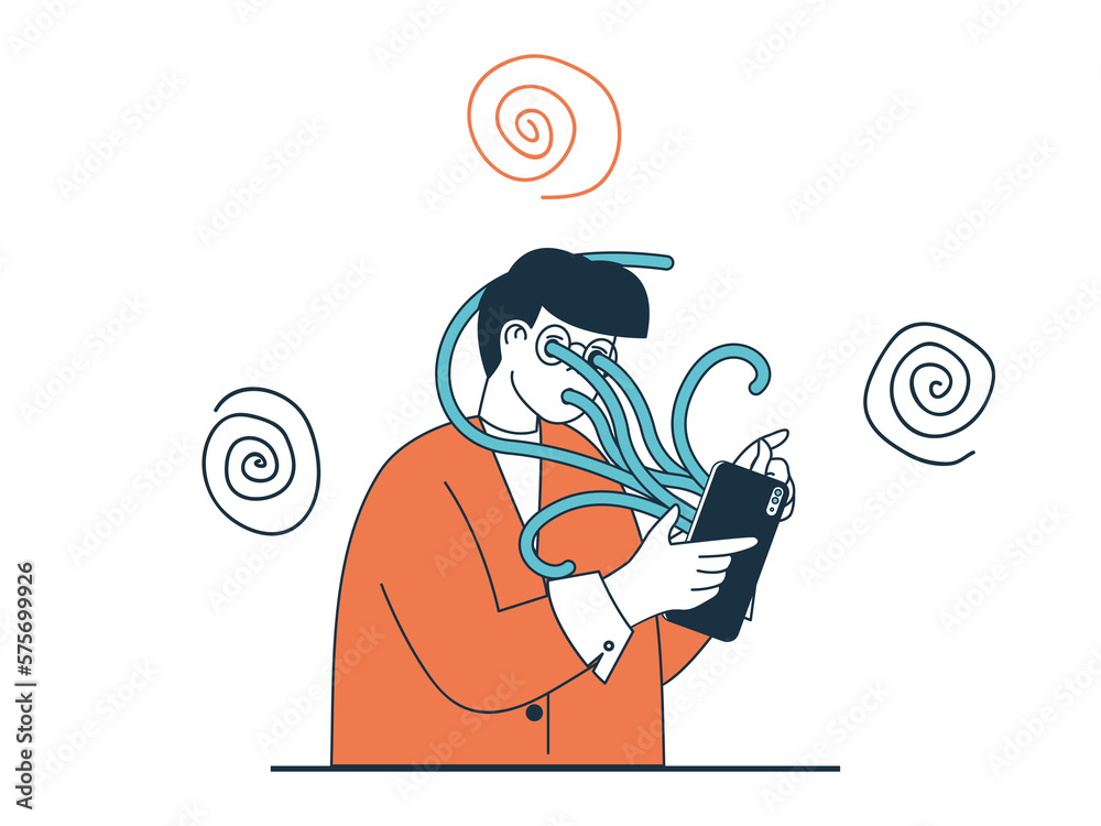Leinwandbilder Internet addiction concept with character situation. Man obsessing over networking and swallowed by smartphone screen with tentacles. Illustrations with people scene in flat design for web