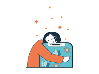Internet addiction concept with character situation. Sad woman hugging her smartphone and obsessing over networking and audience attention. Illustrations with people scene in flat design for web