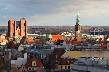 Aerial view of Wroclaw city with Old Town buildings, Town Hall and St Mary Magdalene Church 
