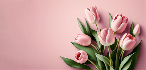 Spring tulip flowers on pink background top view in flat lay style. Greeting for Womens or Mothers Day or Spring Sale Banner. Generative Ai.