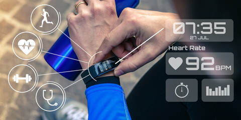 Man running in the park. Runner check heartbeat, steps and distance. Technology, health concept.