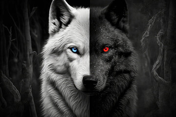 Wolf Head Portrait half white with blue eyes and half black with red eyes made with generative ai - obrazy, fototapety, plakaty