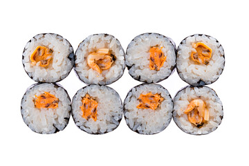Set of Japanese maki sushi rolls with squid, rice, nori, isolated on white.