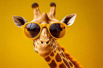 Naklejki  Giraffe.A close up shot of a cute giraffe with yellow sunglasses.Portrait.Front view face model.isolated yellow background.Copy space.Created with generative ai