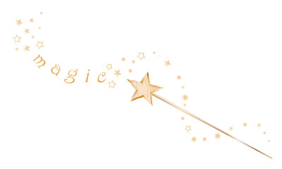 Decorative magic wand with a magic trace. Star shape magic accessory. Magical girl cartoon power. Vector illustration isolated on white background. Web site page and mobile app design