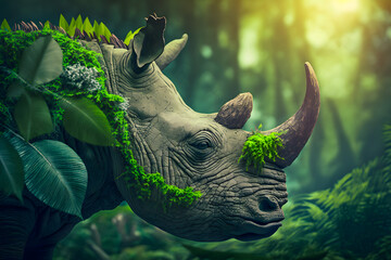 Fototapeta Muzzle of rhinoceros profile silhouette with leaves of tropical vegetation of exotic forests. The concept of protecting animals and forest environment. Generative AI obraz