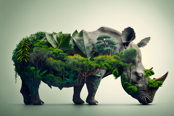 Muzzle of rhinoceros profile silhouette with leaves of tropical vegetation of exotic forests. The concept of protecting animals and vegetation environment. Generative AI