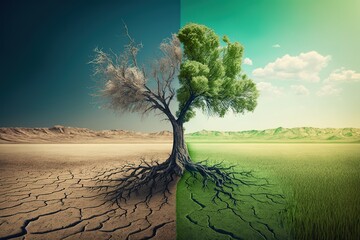 green grass field with a tree and a desert with dead earth and dry grass, generative AI