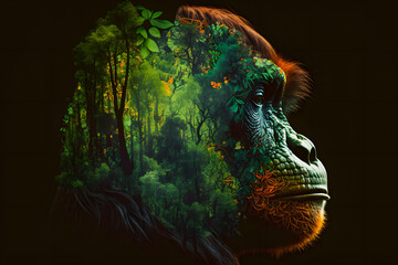 Fototapeta na wymiar Muzzle of orangutan profile silhouette with leaves of tropical vegetation of exotic forests. The concept of protecting animals and vegetation environment. Generative AI