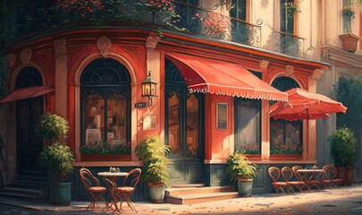 Fototapeta na wymiar a painting of a restaurant with a red awning and tables and chairs. generative ai