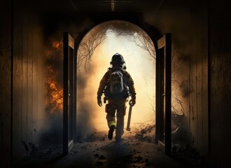 Fireman with extinguisher going out from a burning wooden house. Generative AI.