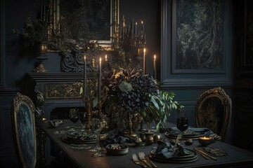 Dark gothic dining rooms. Decadent decor inspo. Generative AI 