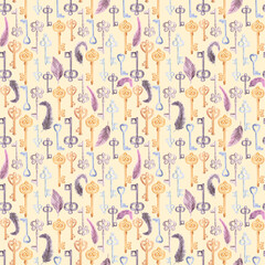 Watercolor seamless pattern with multicilored metal old fashioned vintage style keys  and delicate feathers on beige orange background.Aquarelle design for print wrapper, fabric, cards