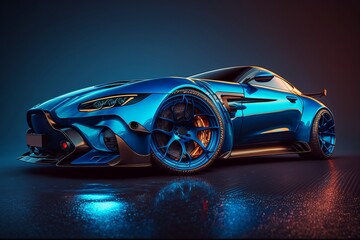 Cool blue generic sports car in a dark studio background illustrated with generative AI