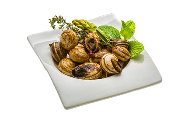 Escargot with asparagus, rosemary, thymus and tomato
