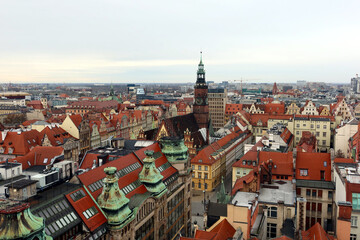 Naklejka na ściany i meble Aerial view of Wroclaw city with Old Town buildings, Poland. Rooftop view