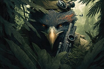 Eagle face sniper in jungle. Generative AI