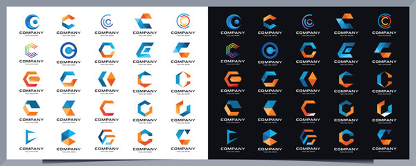 set of Letter C Vector Origami Logo icon. Colorful Abstract Design template element logo icon and dark background