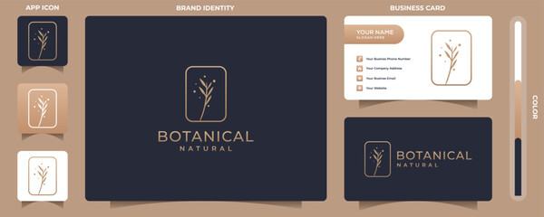 elegant botanical logo design emblem, with golden gradient color style and business card. symbol for beauty, health, and nature