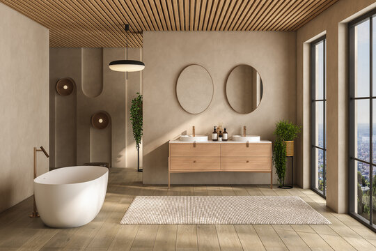 Beige bathroom interior with double sink and mirror, carpet on hardwood floor, bathtub, plants. Bathing accessories and window in hotel studio. 3D rendering