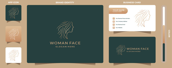 Elegant face woman hair salon gold gradient linear logo design and business card