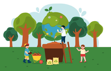 Obraz na płótnie Canvas Children help to plant trees on happy earth day vector