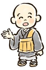 案内ポーズの子供のお坊さんのイラスト